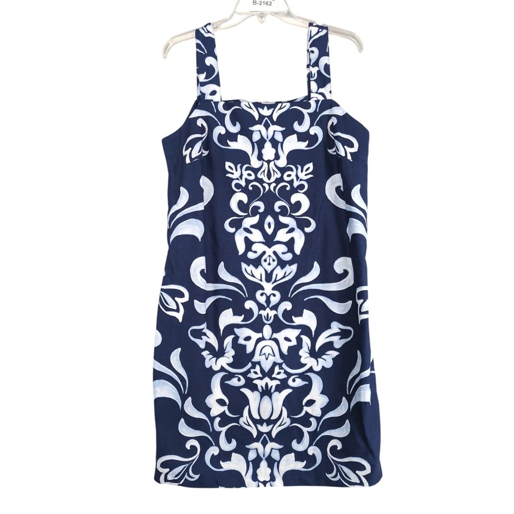 Talbots Blue White Linen Blend Knee-Length Sun Dress Sz 12P Shift Coastal Resort